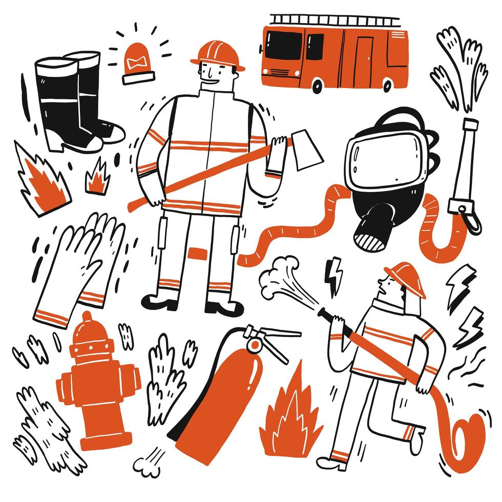Hand drawn fire fighter set vector