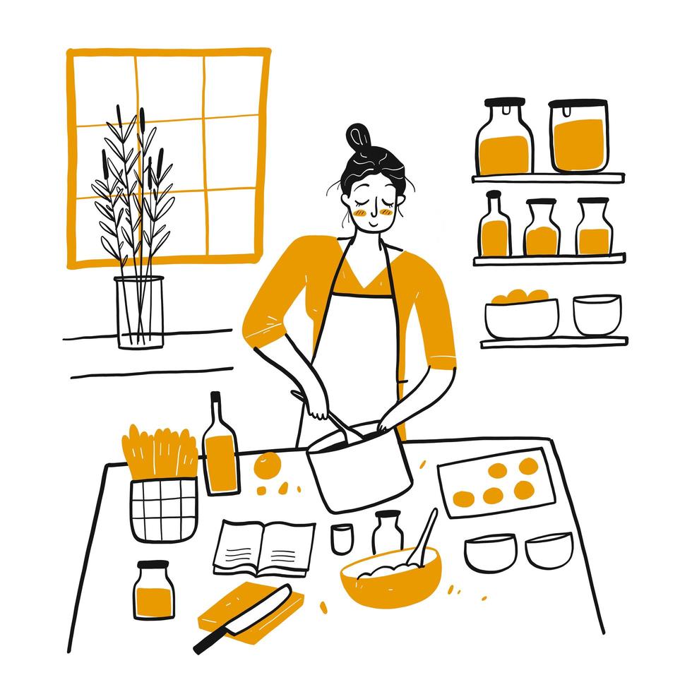 Hand drawn young woman cooking in kitchen vector