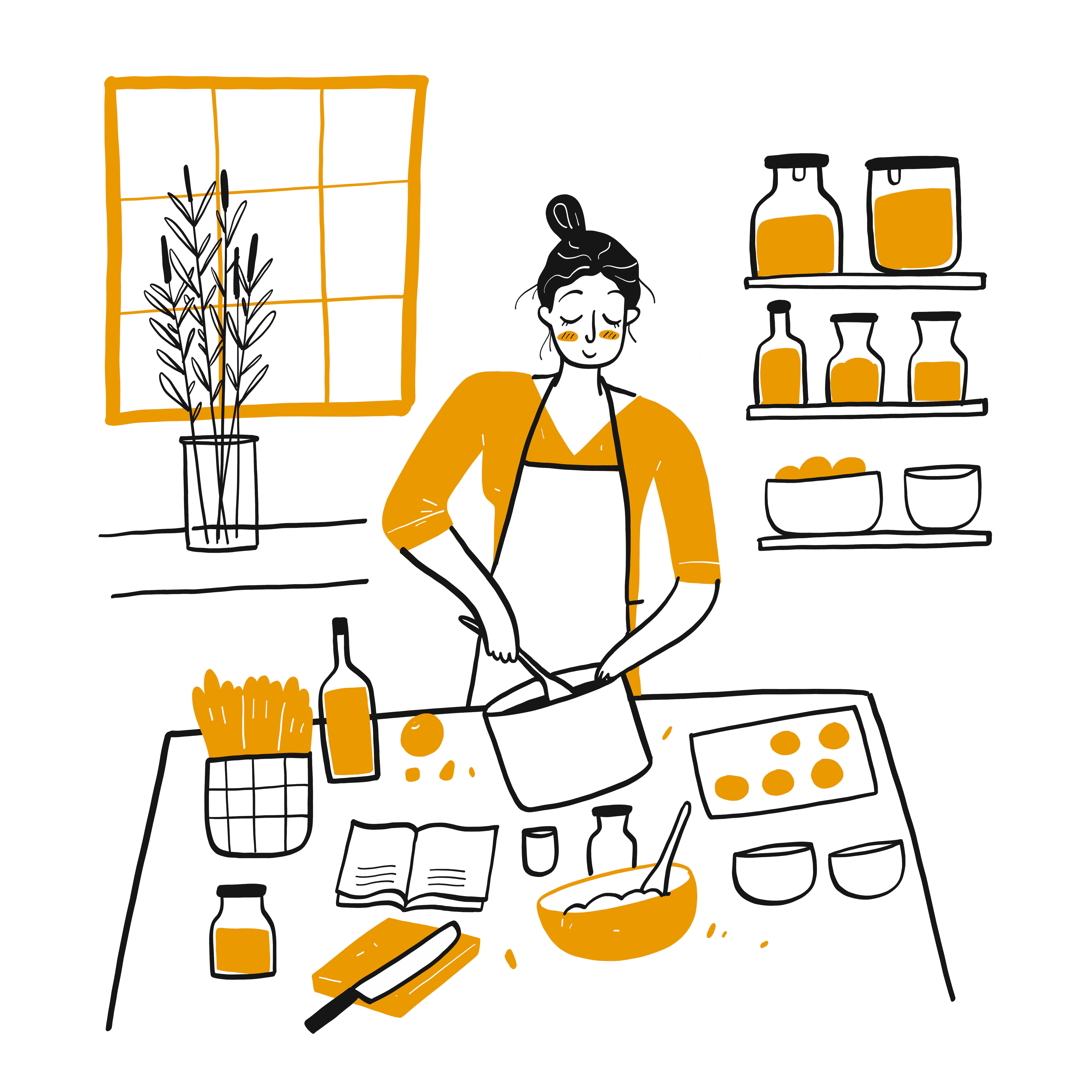 Hand drawn young woman cooking in kitchen 1222267 Vector Art at Vecteezy