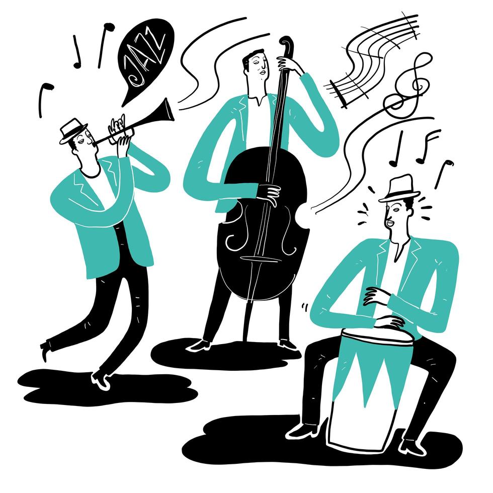 Dibujado a mano grupo de músicos tocando instrumentos vector