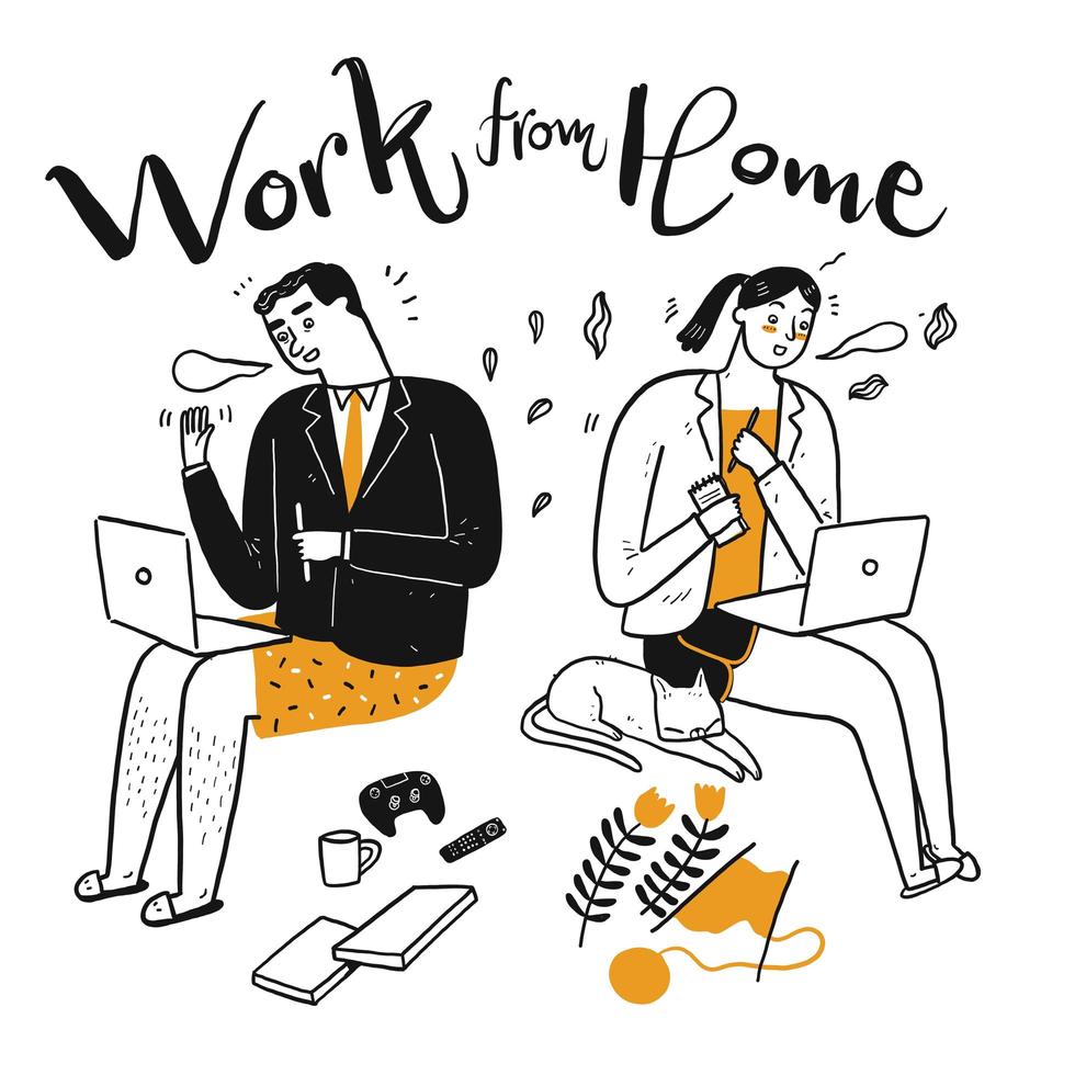 Hand drawn of people working from home 1222278 Vector Art at Vecteezy