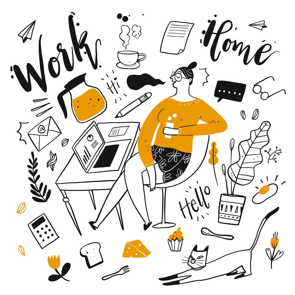 Hand drawn work from home woman and elements vector