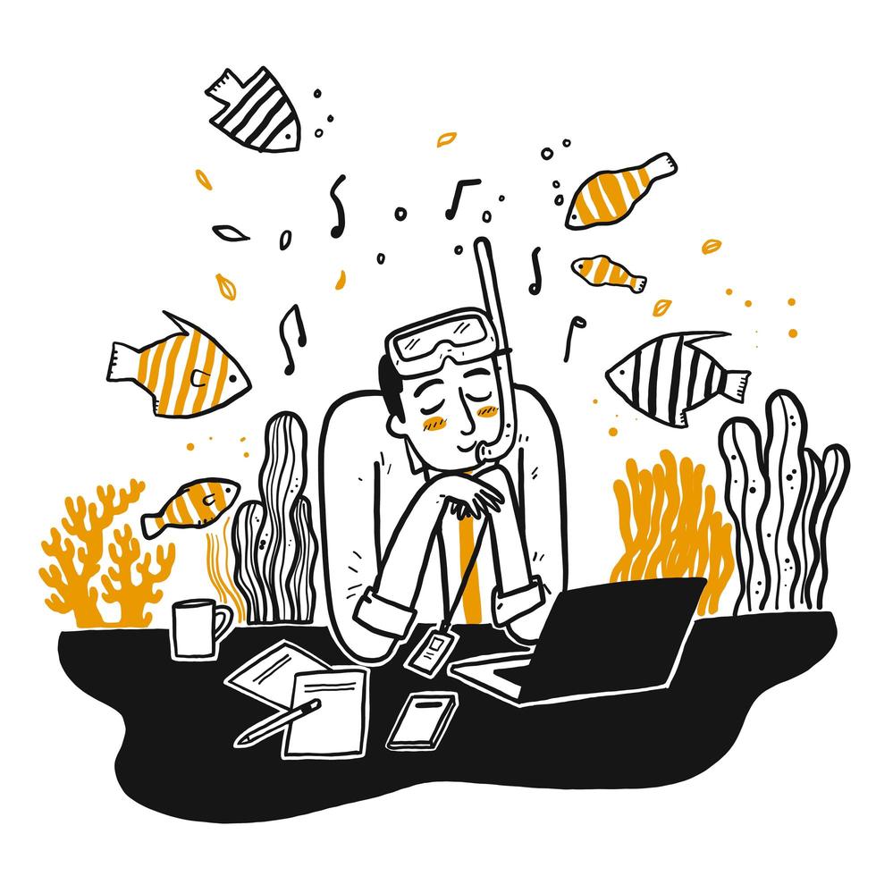 Hand drawn worker dreaming of diving vector