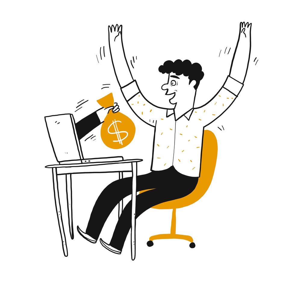 Hand drawn happy man receiving money from laptop vector