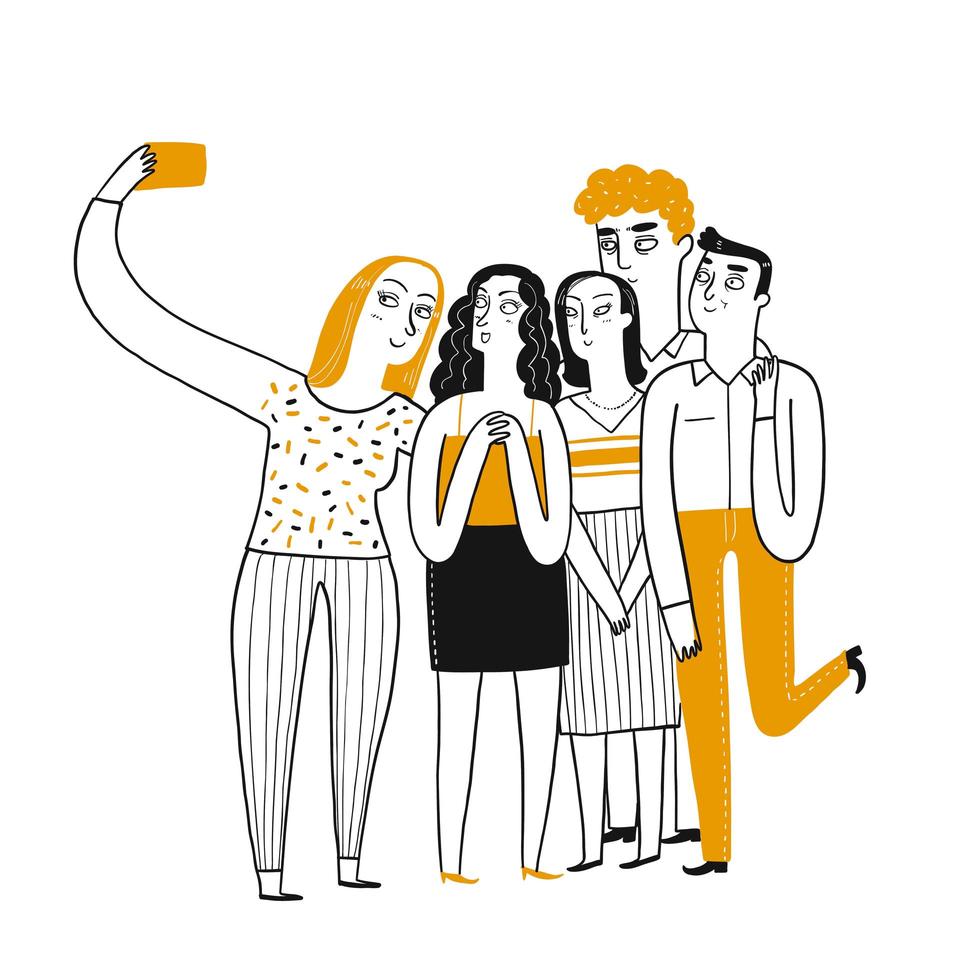 Hand drawn young people taking selfie vector