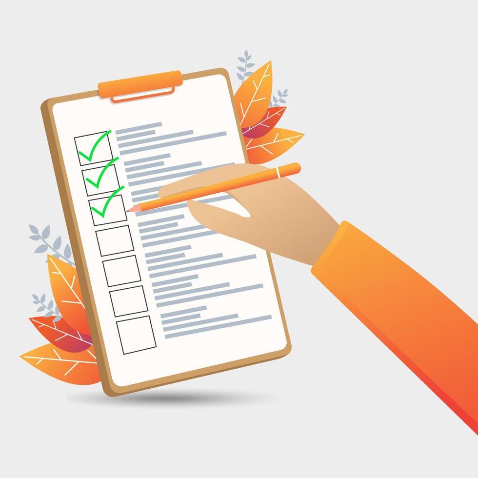Hand holding pencil on checklist vector