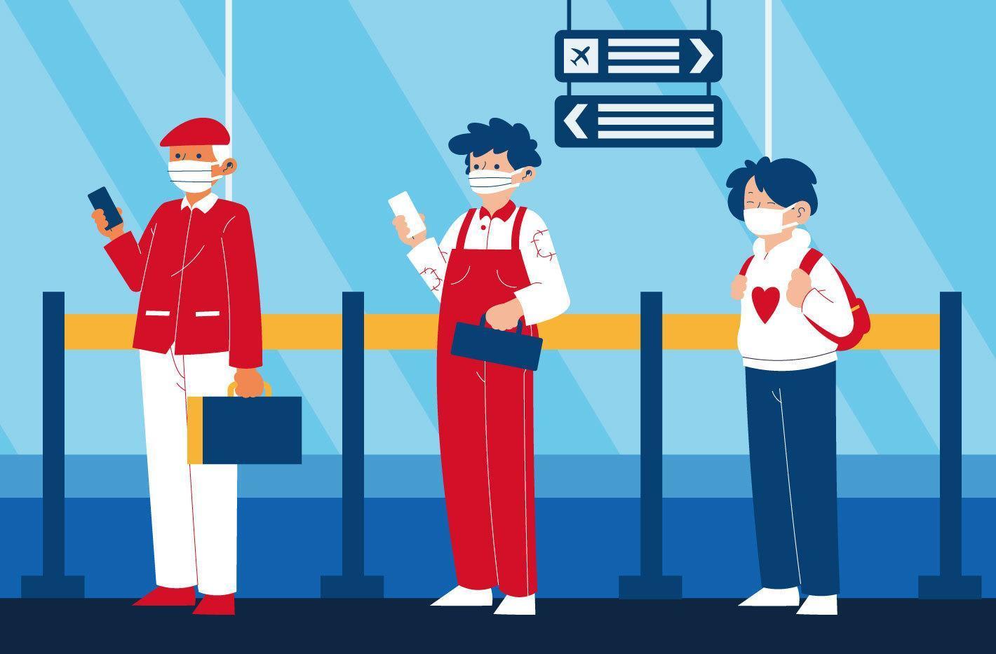 Social distancing concept with masked people in line vector