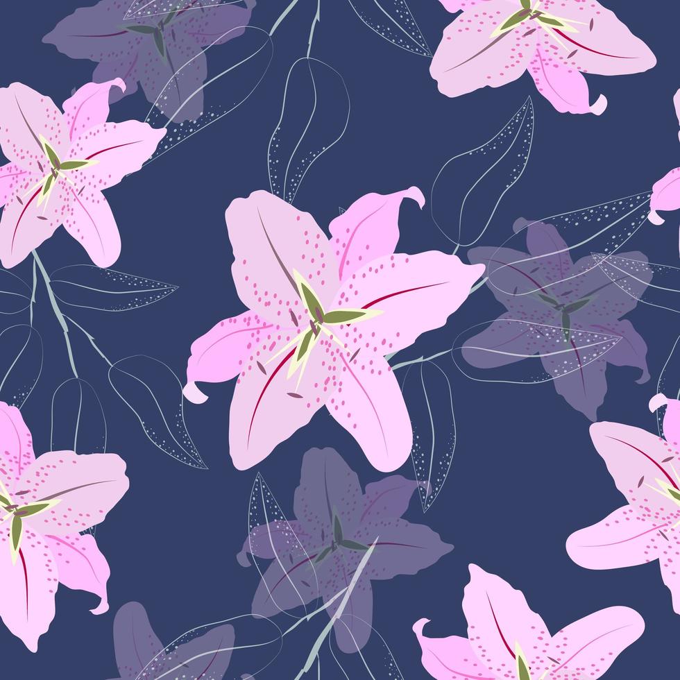 Pink lily flowers seamless pattern vector