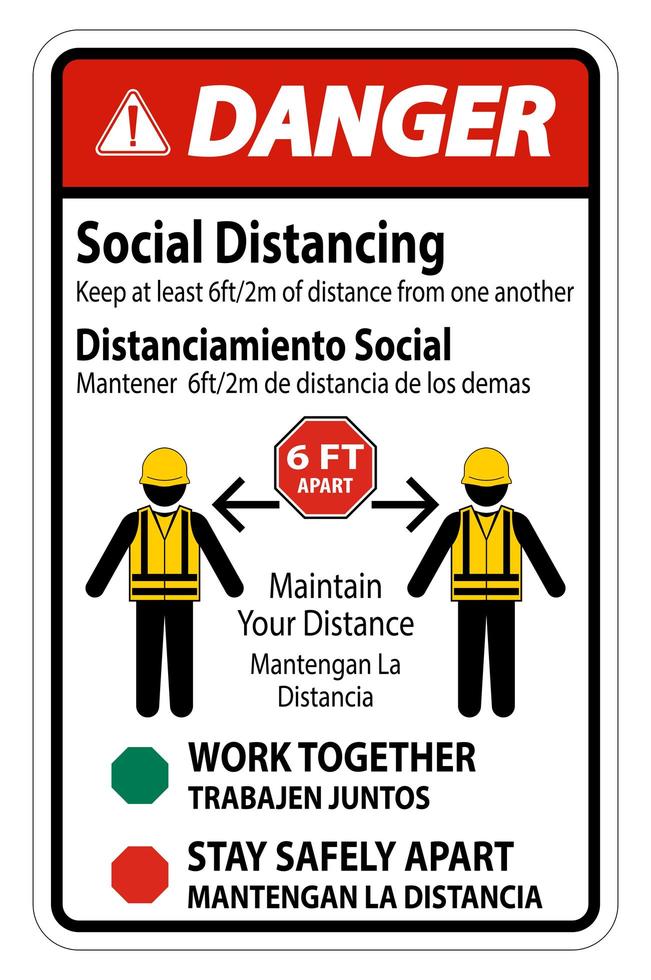 Señal de construcción '' peligro '' bilingüe '' distanciamiento social '' vector