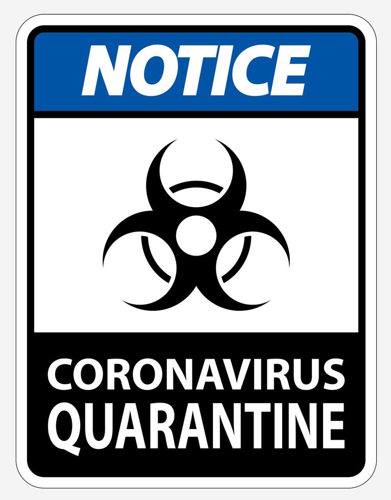 Blue, Black ''Notice Coronavirus Quarantine'' Sign vector