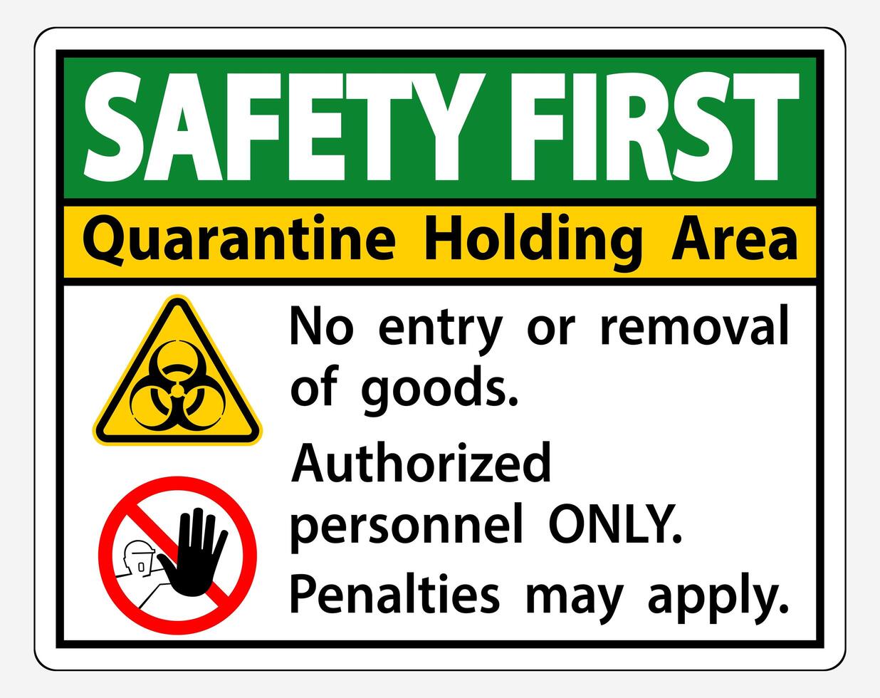 ''Safety First Quarantine Holding Area'' Sign vector