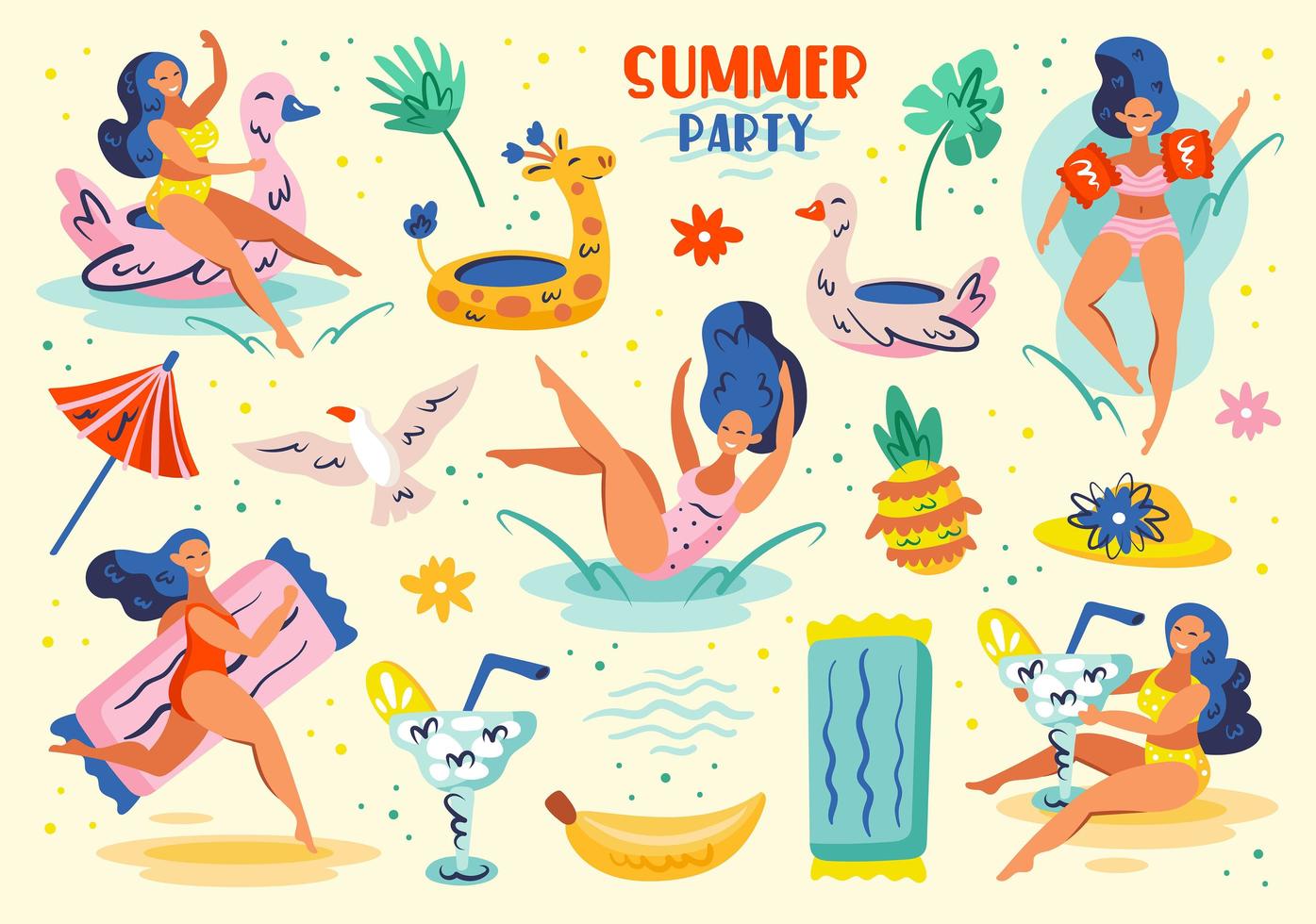 Woman in Swimsuit Having Fun at Summer Party Set vector