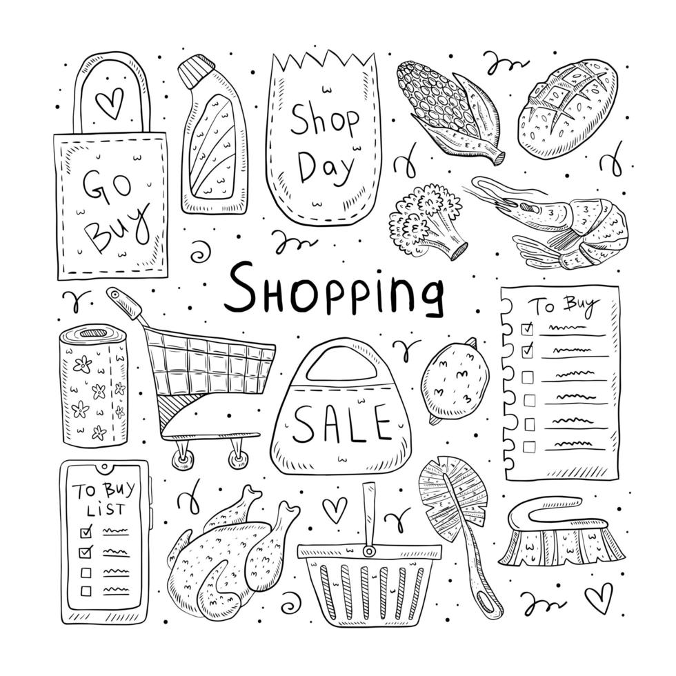 Shopping Hand Drawn Grocery Item Doodles vector