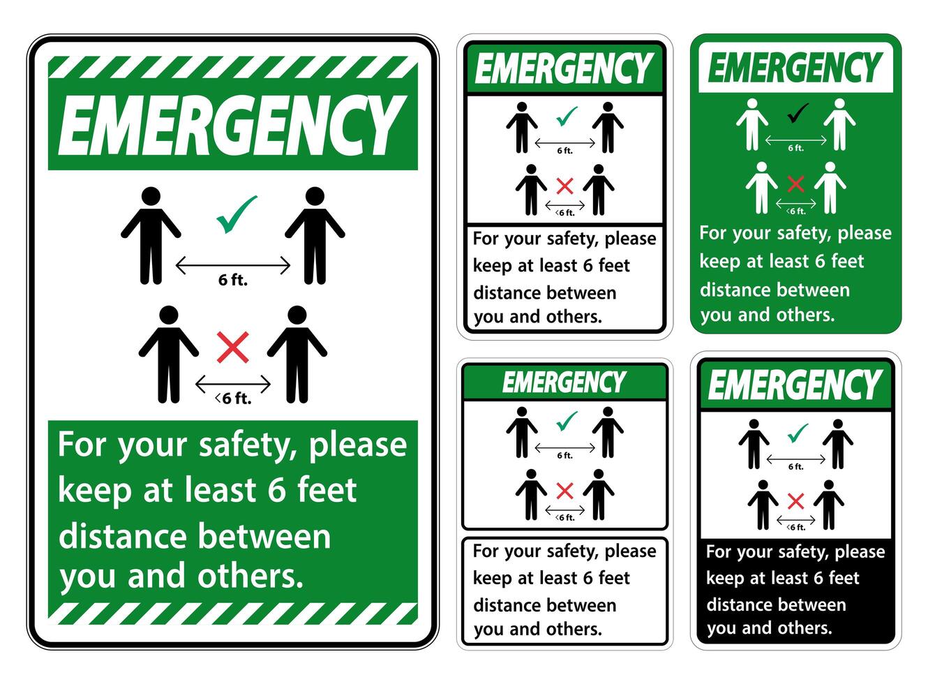 Set of Green ''Emergency'' Keep 6 Feet Distance vector