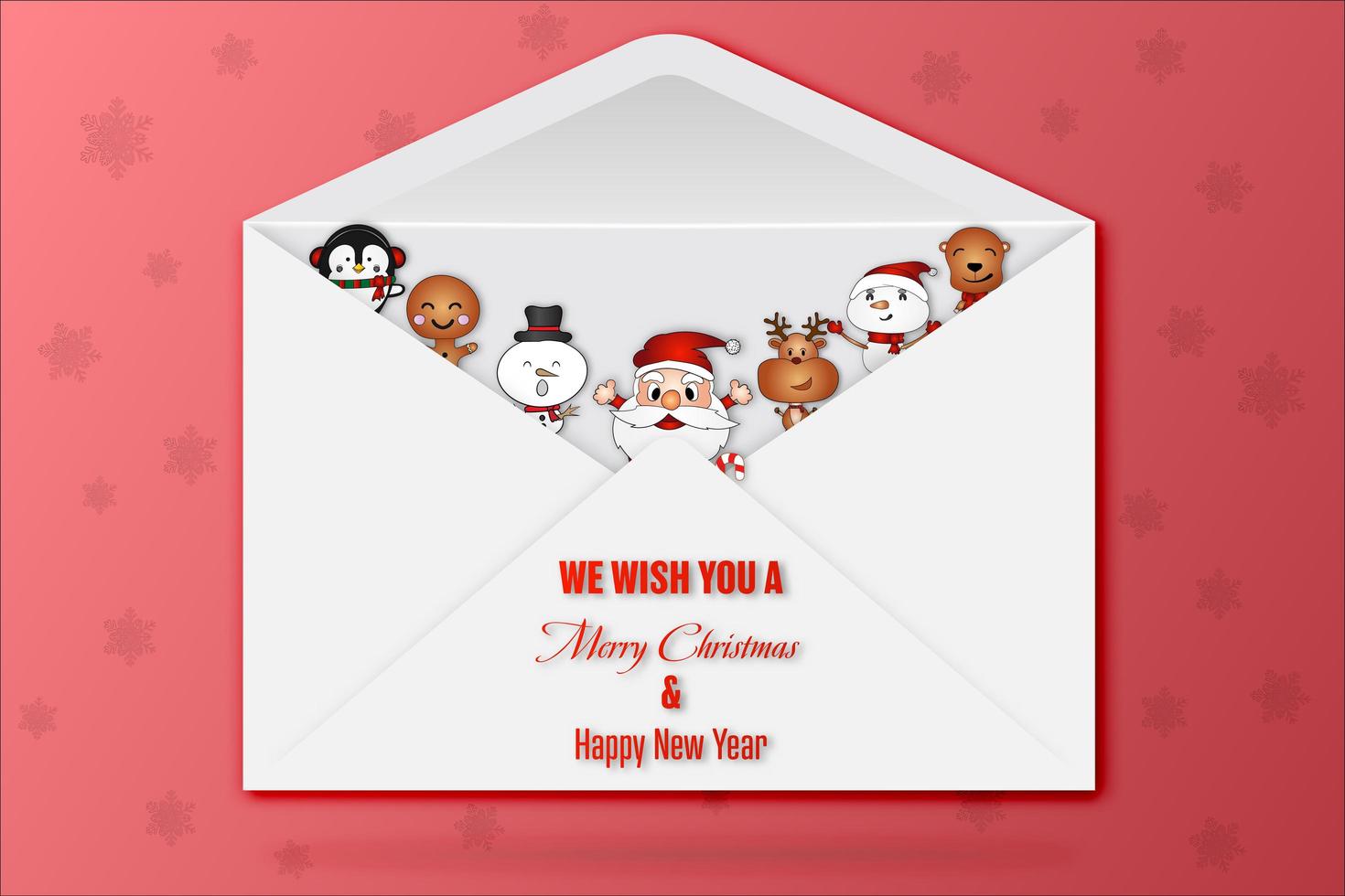 Christmas characters in envelope on red star pattern vector