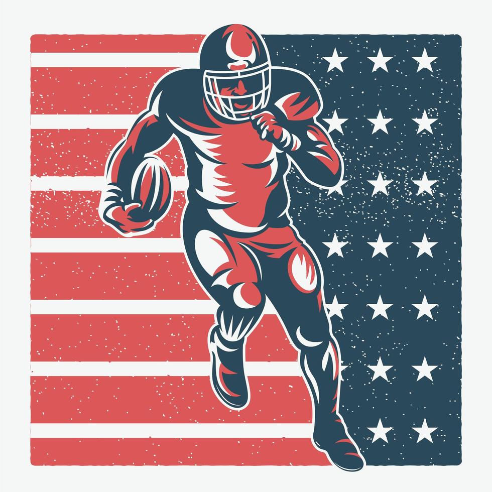 Jugador de fútbol corriendo en la bandera americana con textura vector