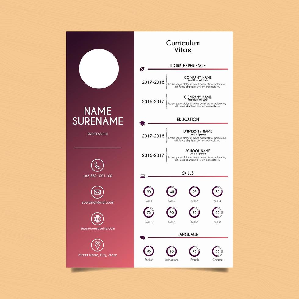 degradado rojo y curriculum vitae blanco vector