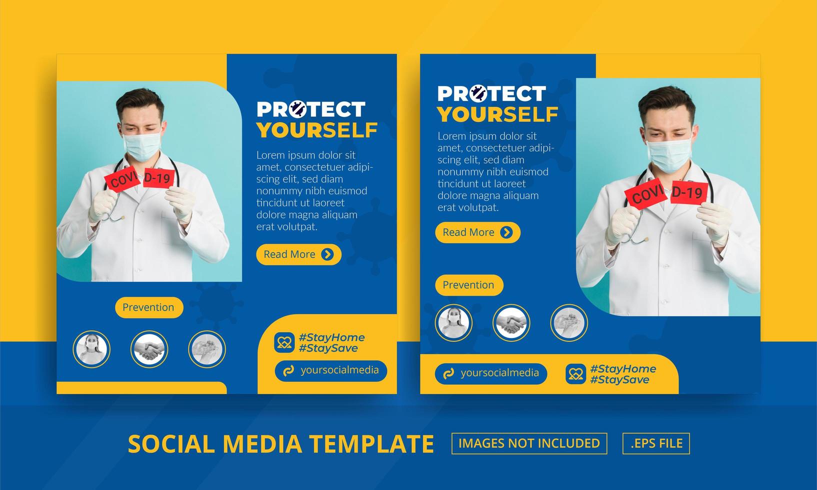 conjunto de redes sociales de protección de la salud azul y amarillo vector