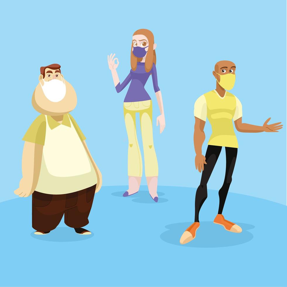 Three masked people in different poses vector
