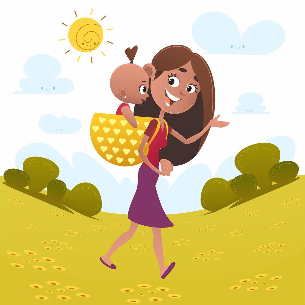 Mom walking with baby in field vector