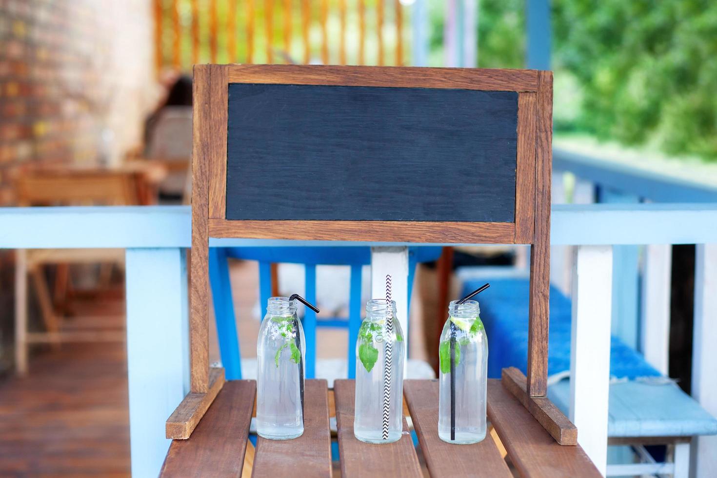A blank chalkboard sits above glasses of lemonade photo