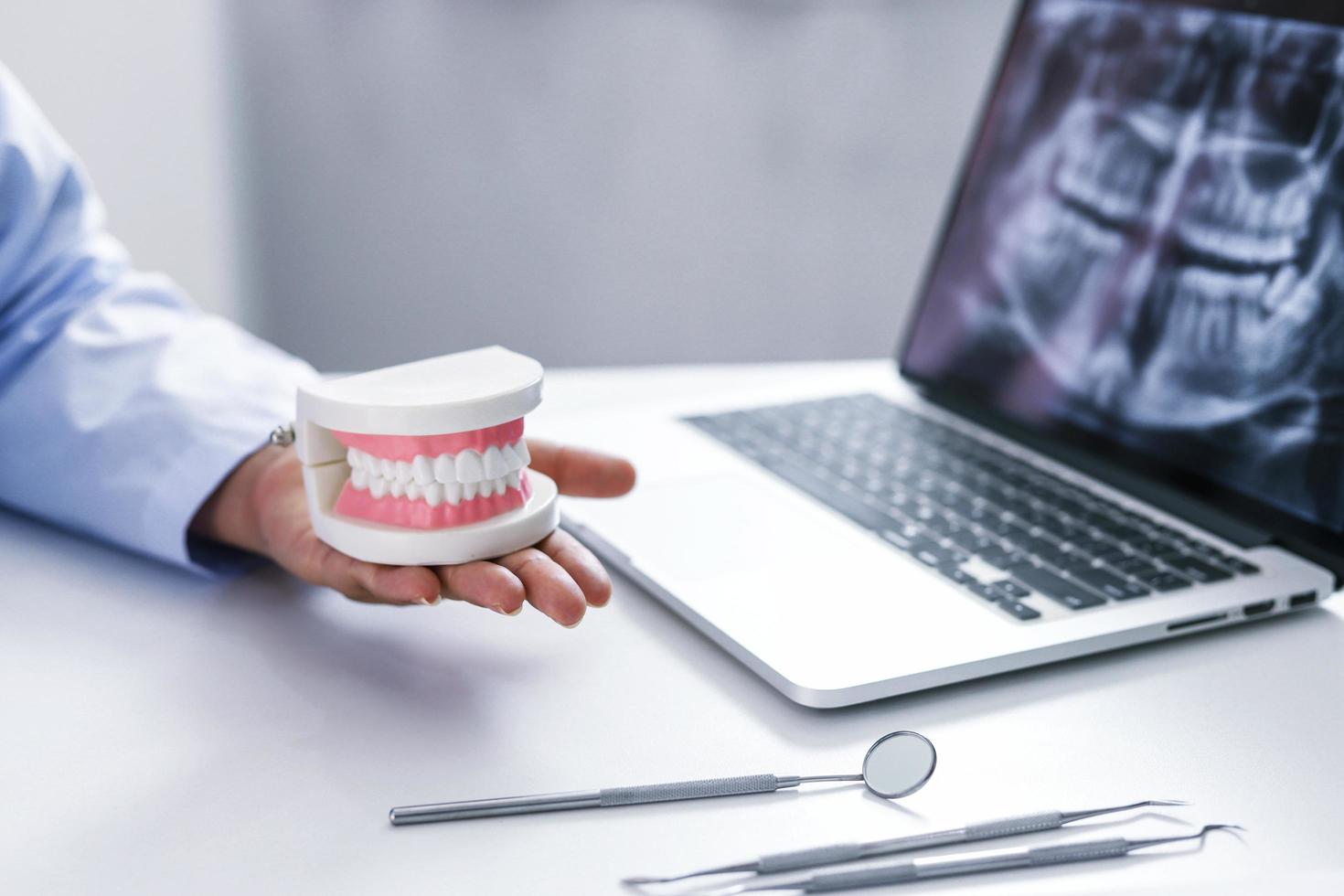 Dentist giving demonstration holding model of teeth photo