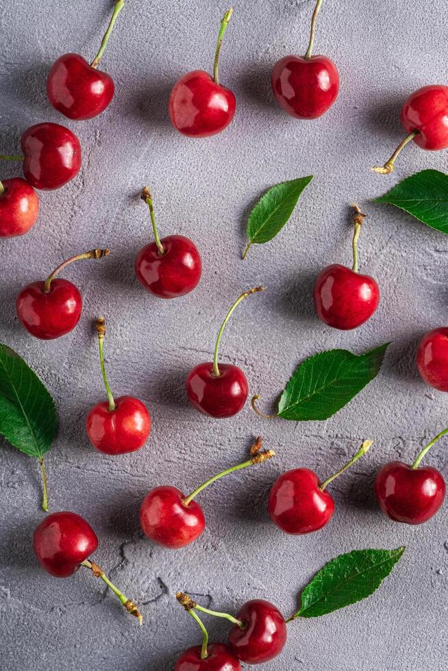Fresh Ripe Cherries With Green Leaves Stock Photo