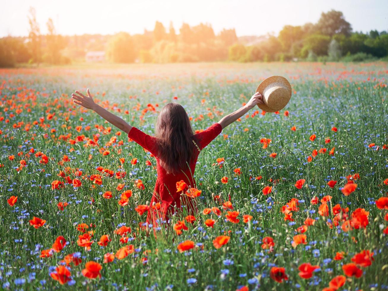 joven bella mujer con los brazos levantados en el campo de amapolas de primavera foto