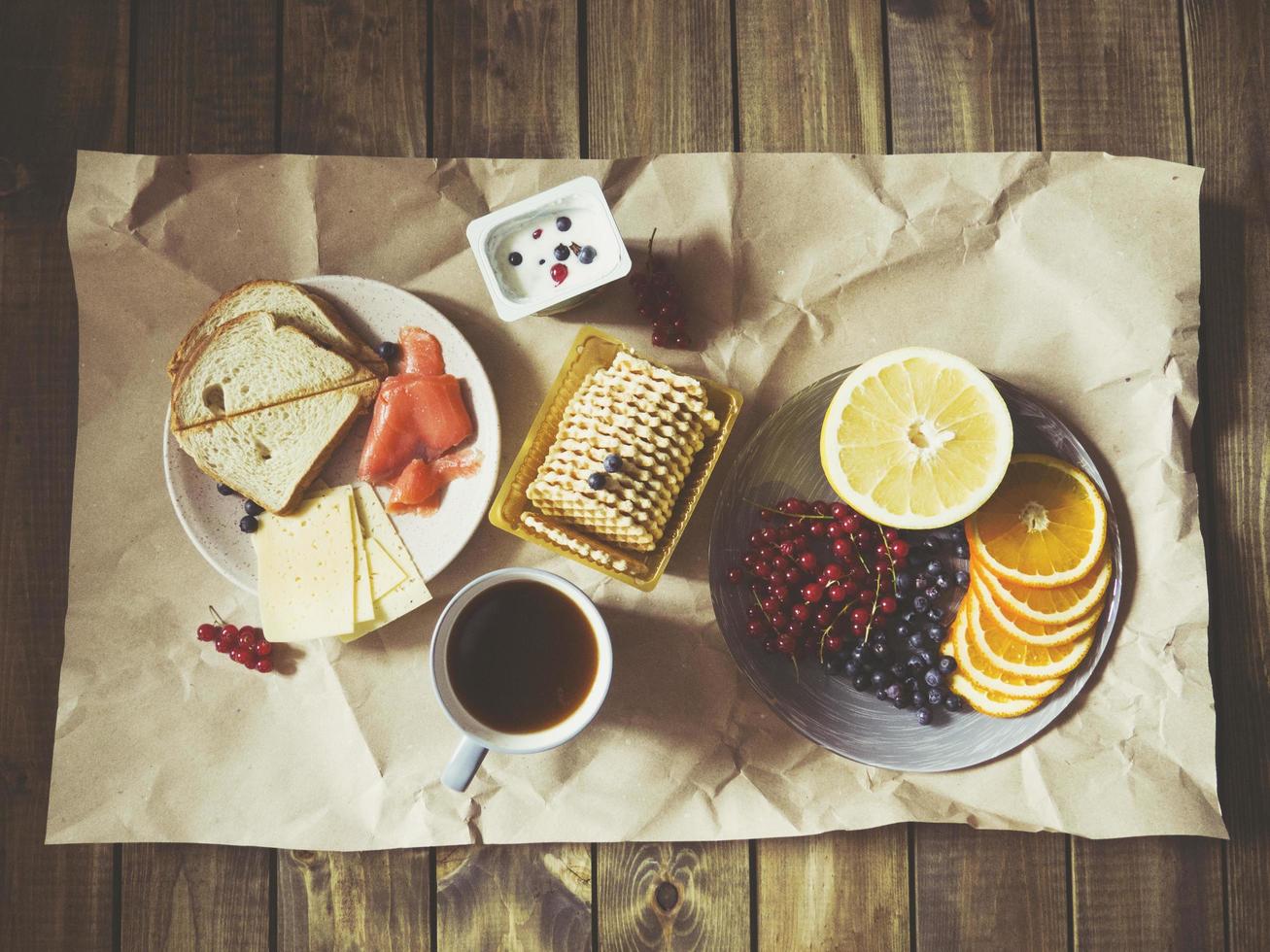 Breakfast spread on craft paper photo
