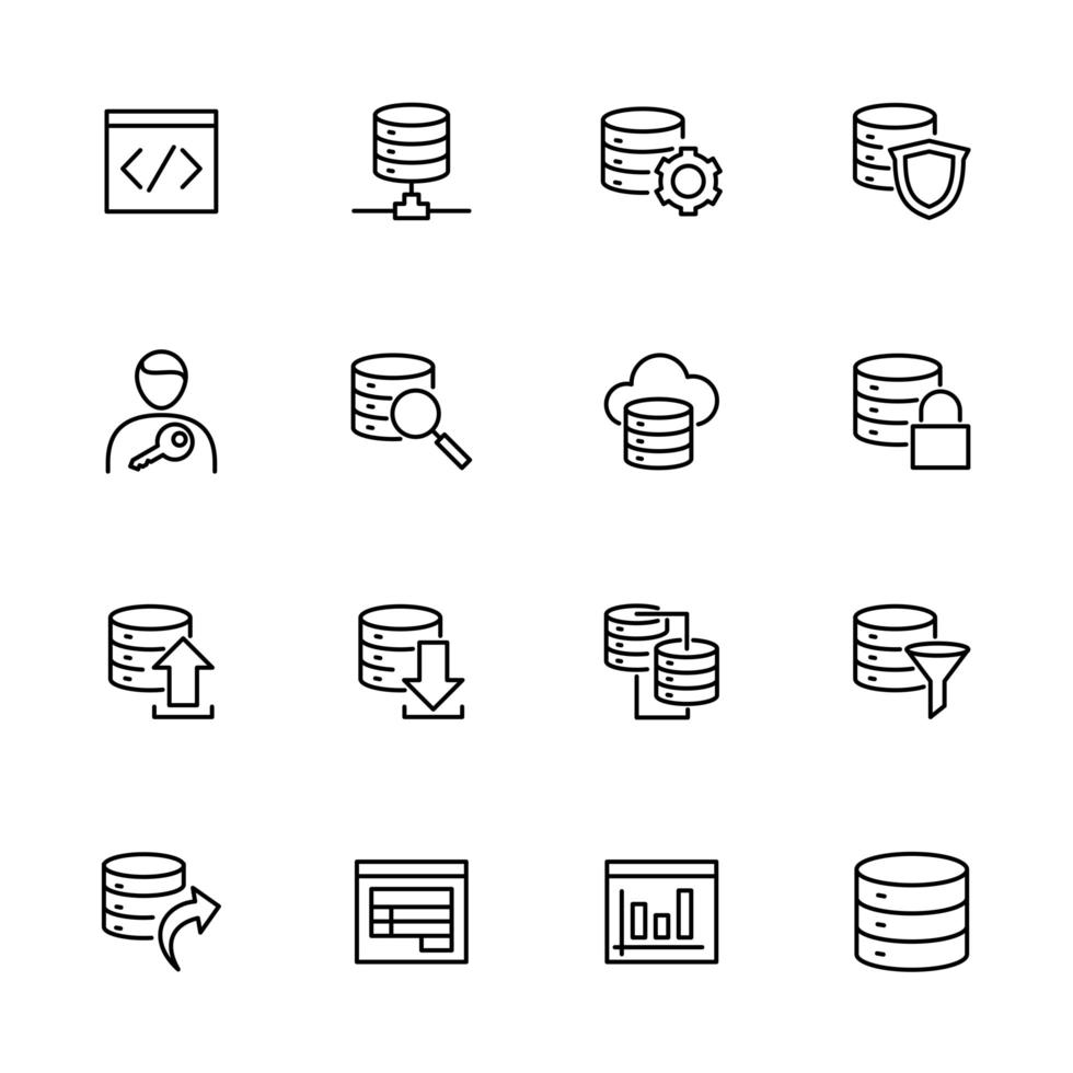 conjunto de iconos de línea relacionados con sistemas de bases de datos vector