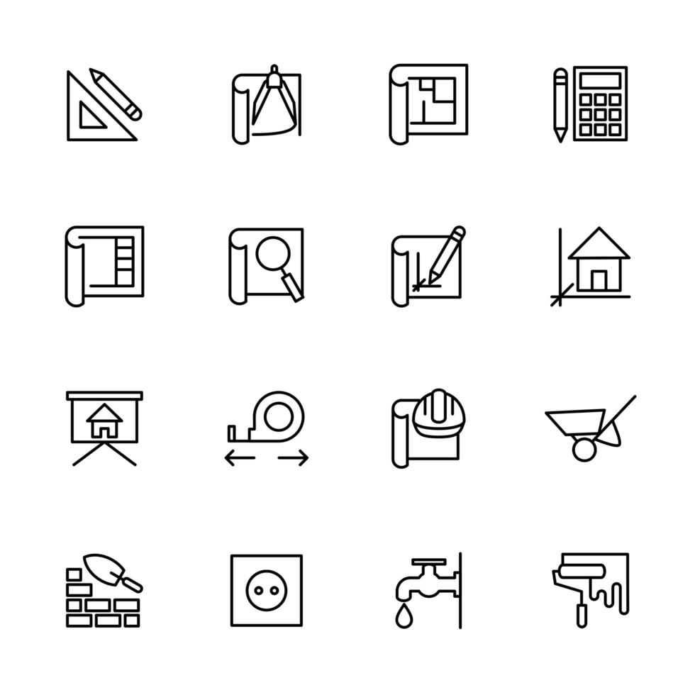 conjunto de iconos de línea de paso de trabajo de arquitecto vector