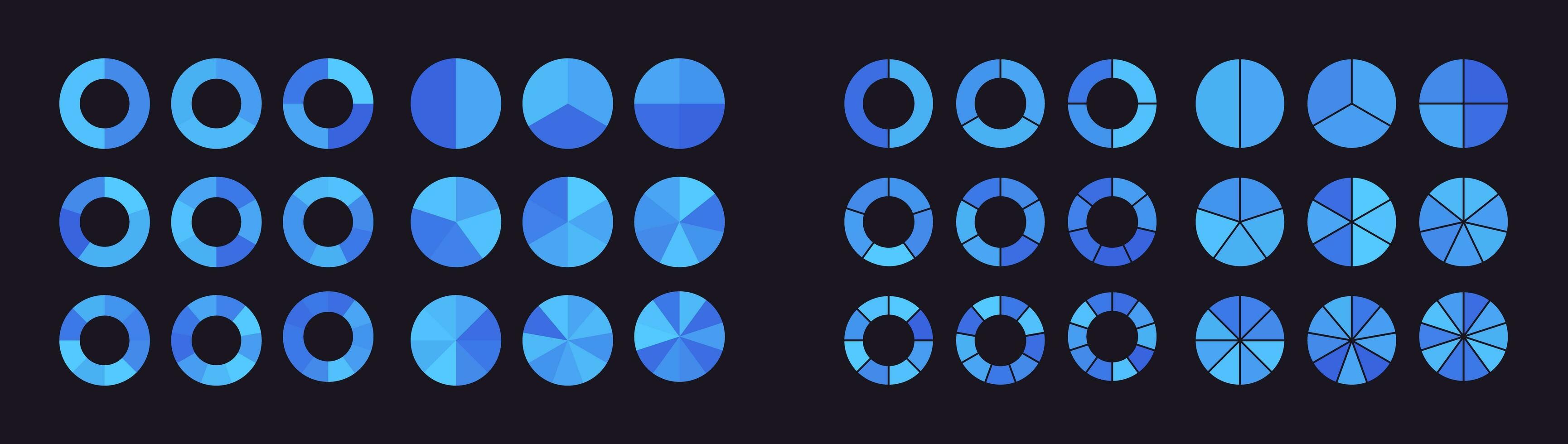 Collection of pie charts divided into parts or sectors vector