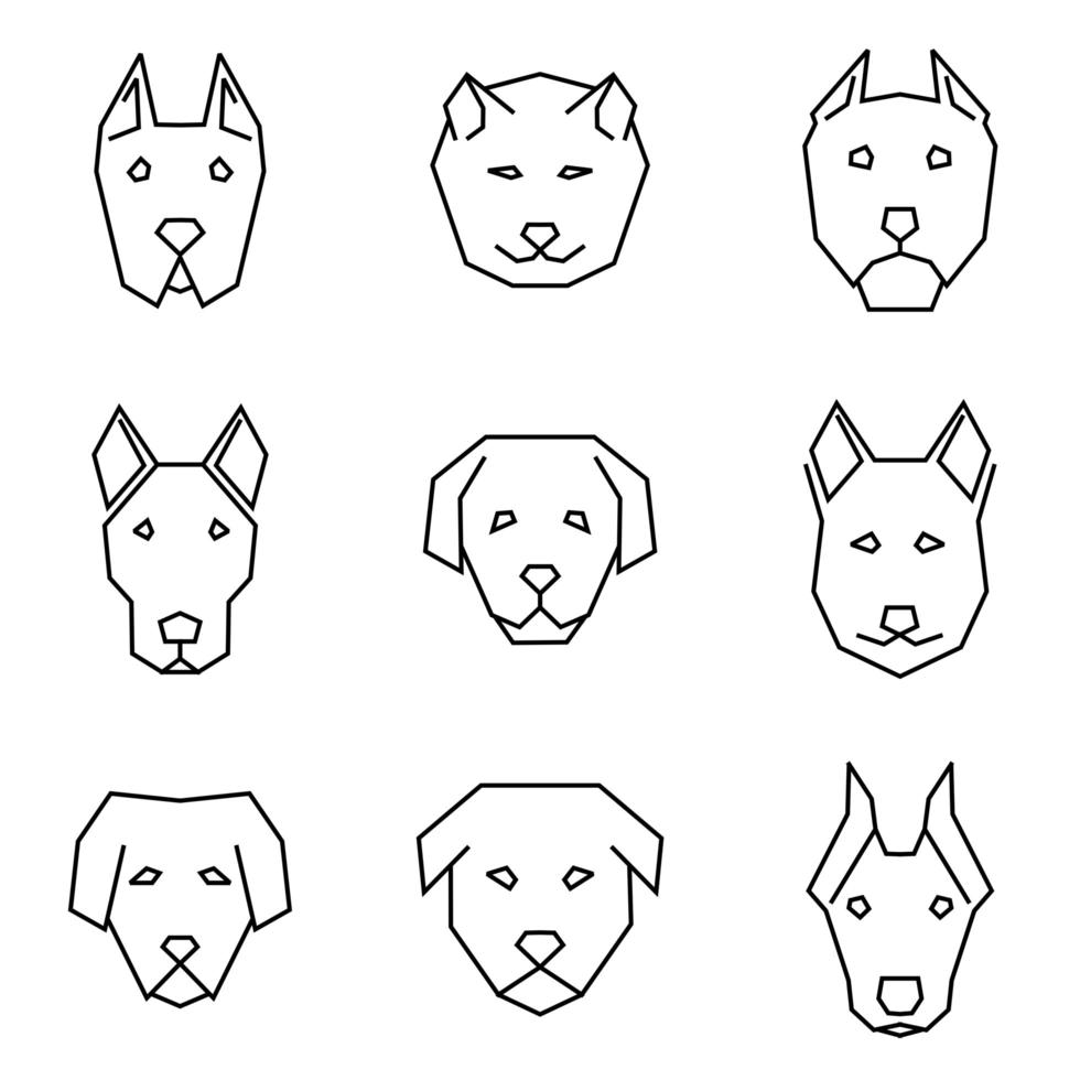 conjunto de iconos de línea recta de caras de perros vector