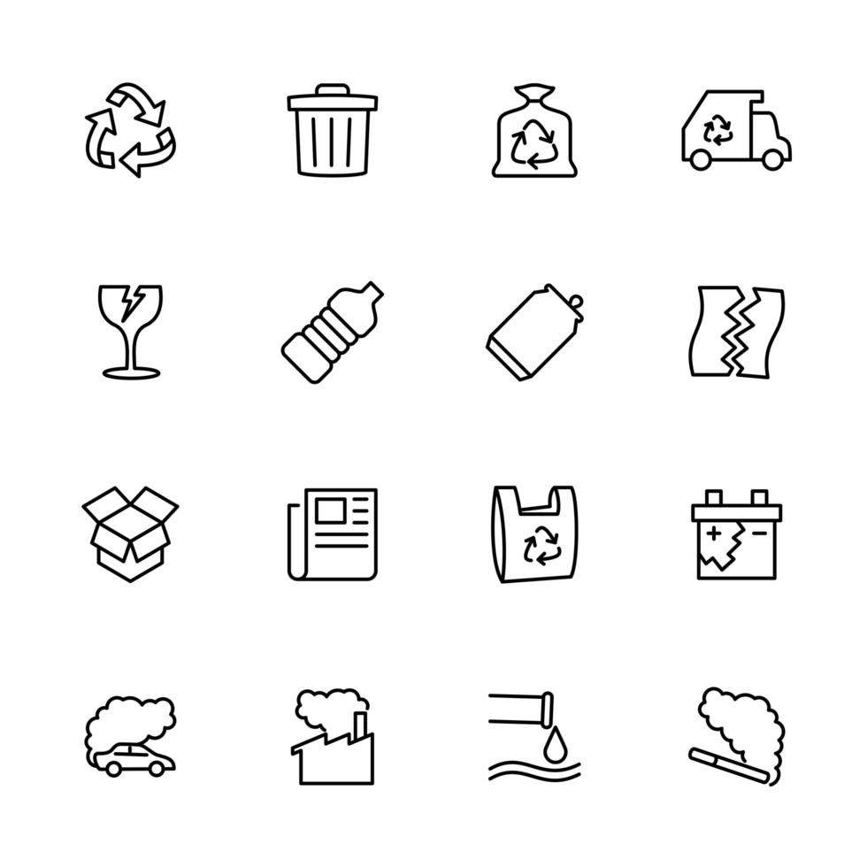 conjunto de iconos de línea de reciclaje, basura, contaminación vector