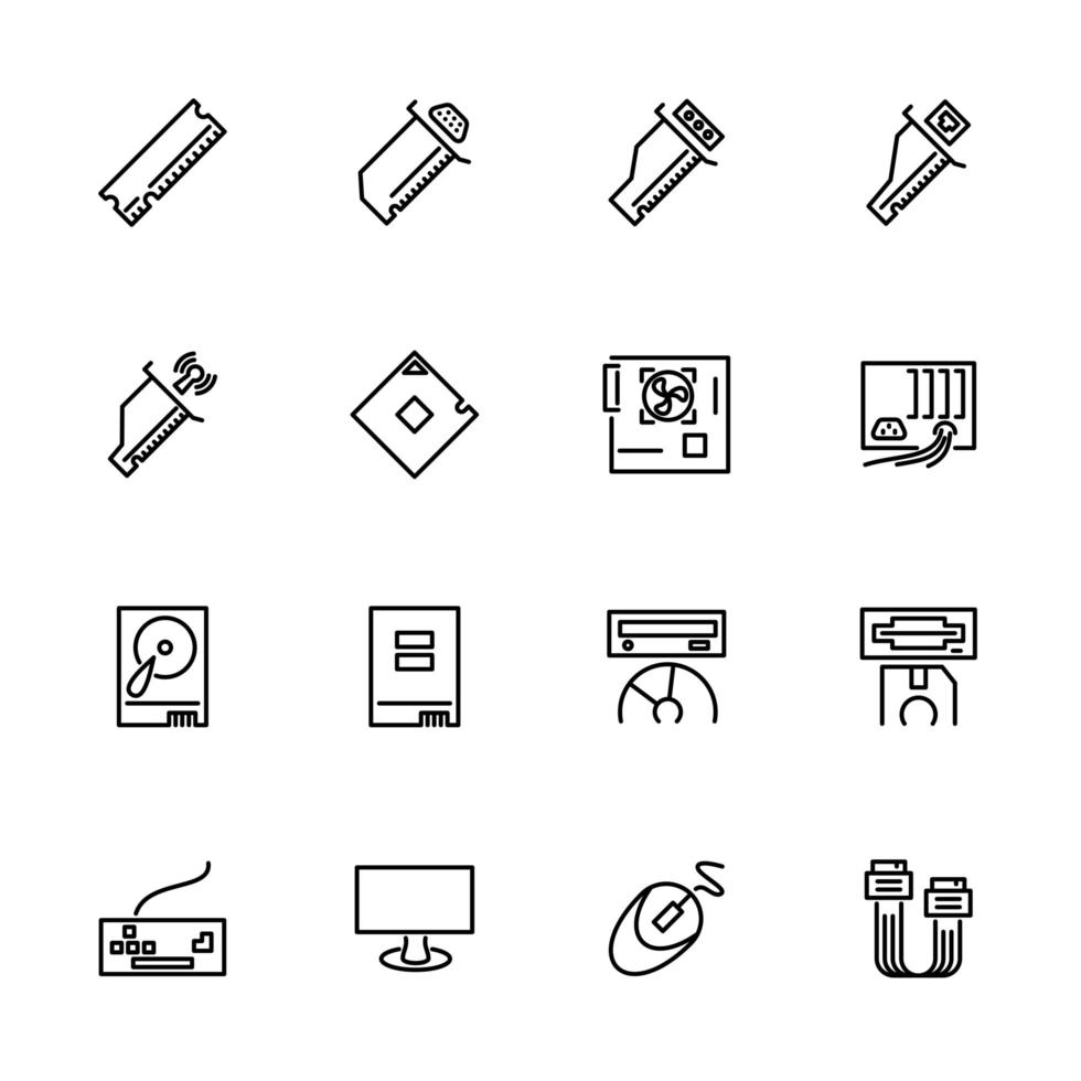 conjunto de iconos de línea de equipos y hardware de computadora vector