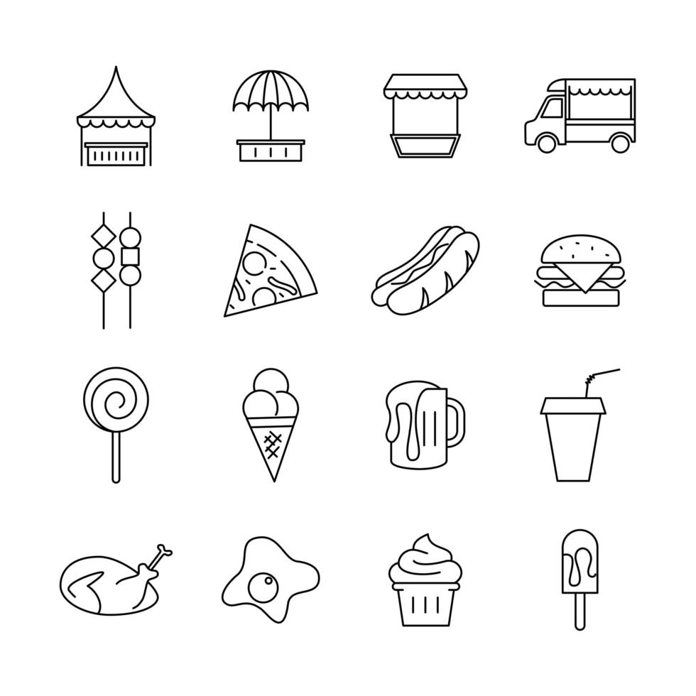 iconos de línea relacionados con comida callejera vector