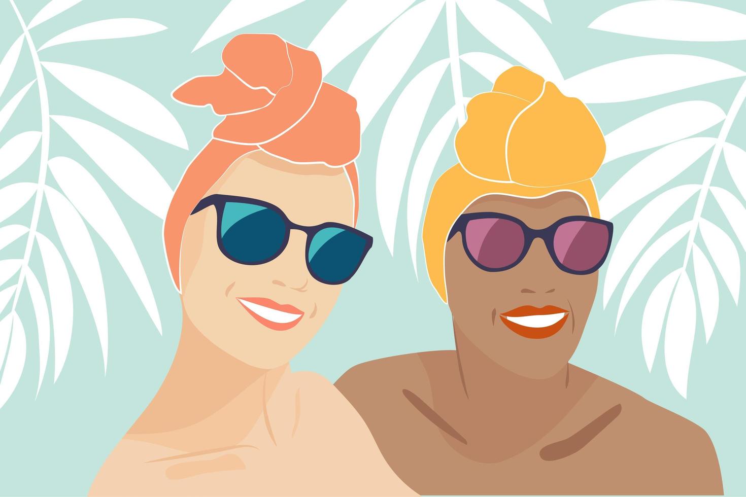 selfie de verano felices novias sonrientes con turbantes vector