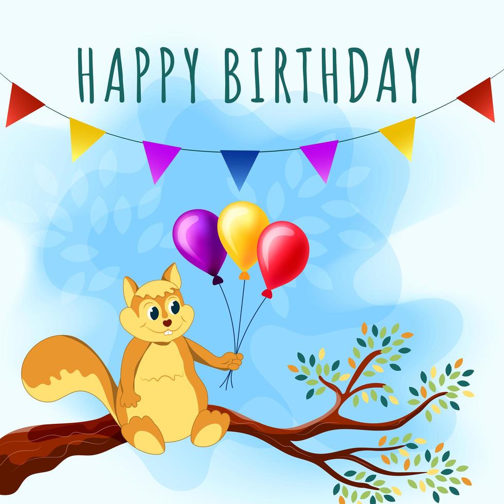 Happy Birthday Card with Cute Squirrel, Tree Branch and Balloons vector