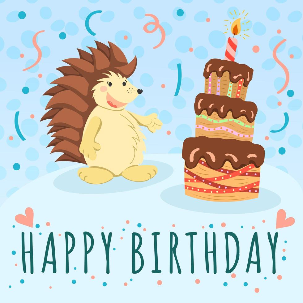 Happy Birthday Card with Cute Hedgehog and Chocolate Cake vector