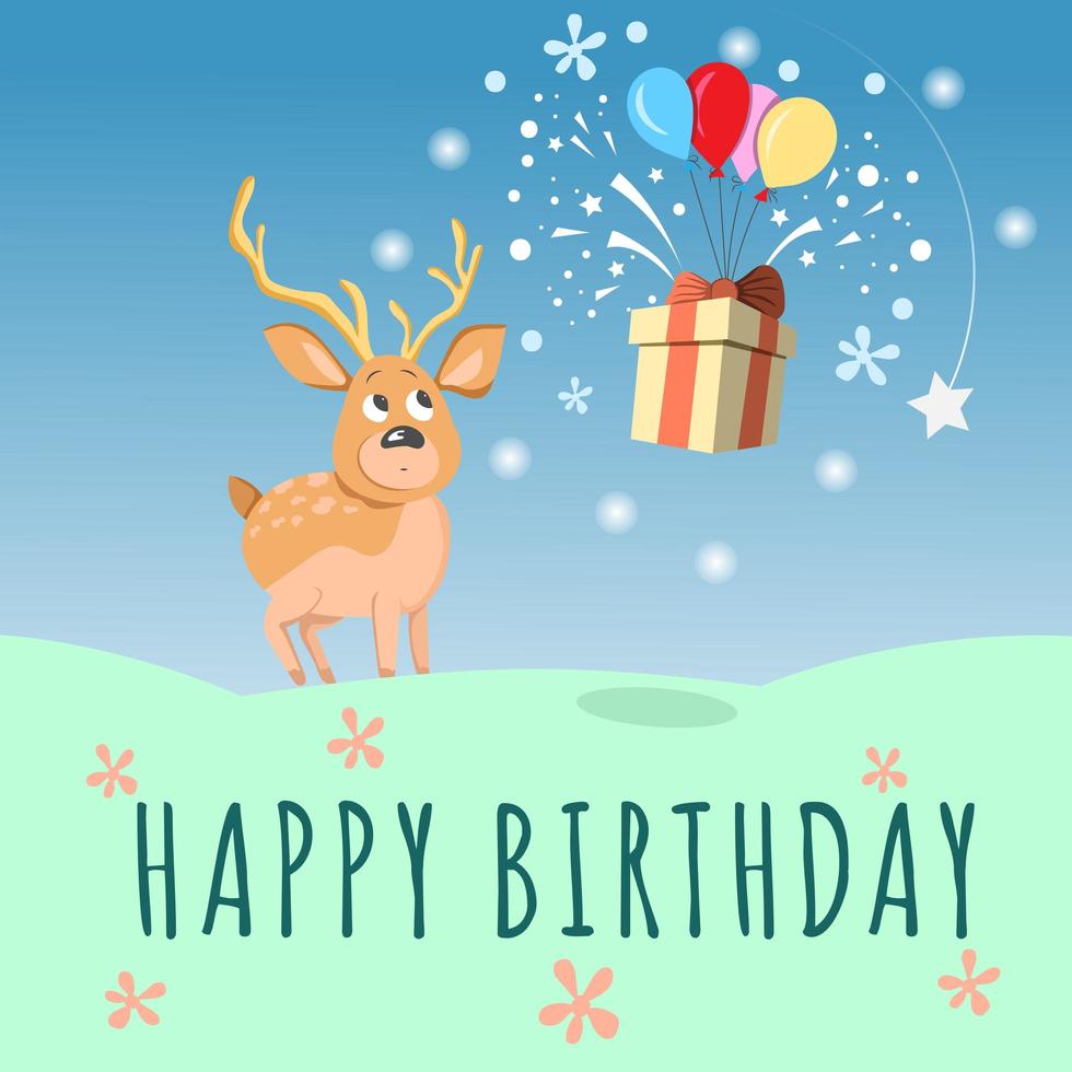 Happy Birthday Card with Cute Deer, Balloon and Gift Box vector