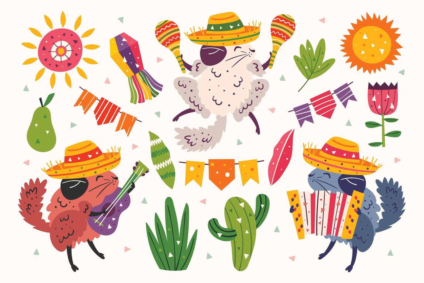 Set of chinchillas in sombreros playing music vector