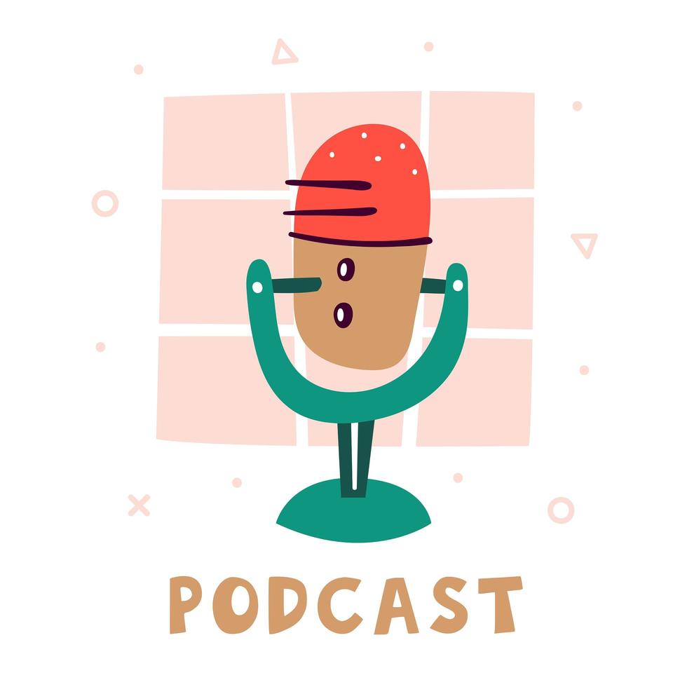 Podcast. Little cute red microphone with a green stand vector
