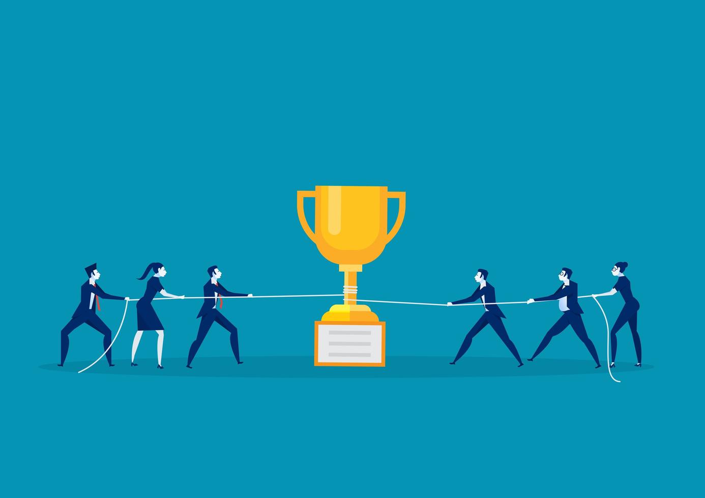 Business teams trying to pull trophy with rope vector