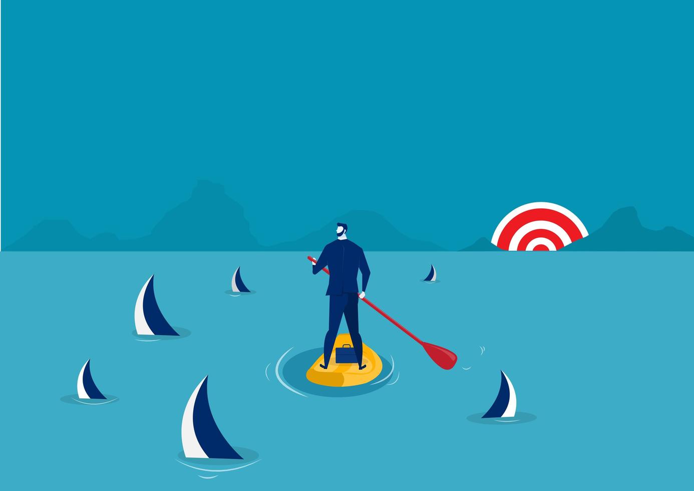 Business man paddle boarding among sharks vector