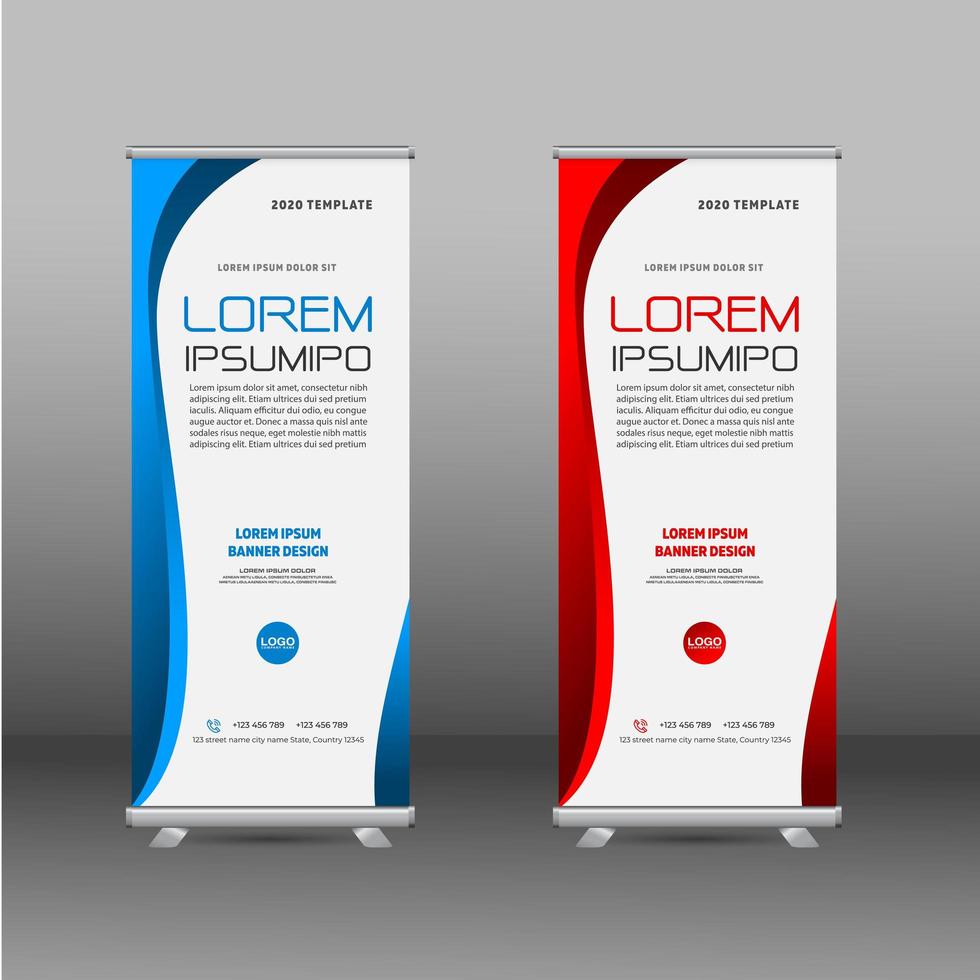 Modern roll up banners with curved red and blue border vector