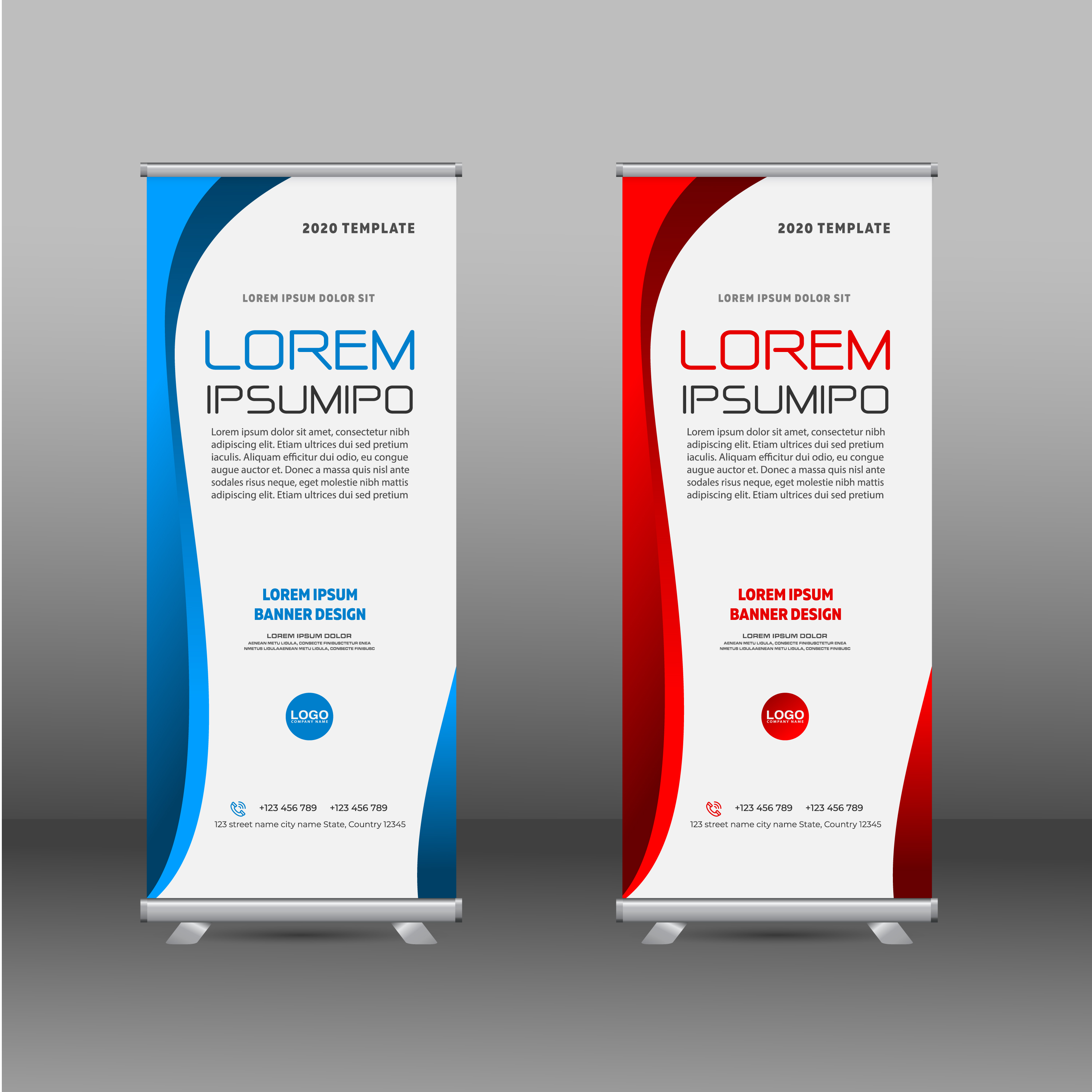 Modern roll up banners with curved red and blue border 1225391 Vector