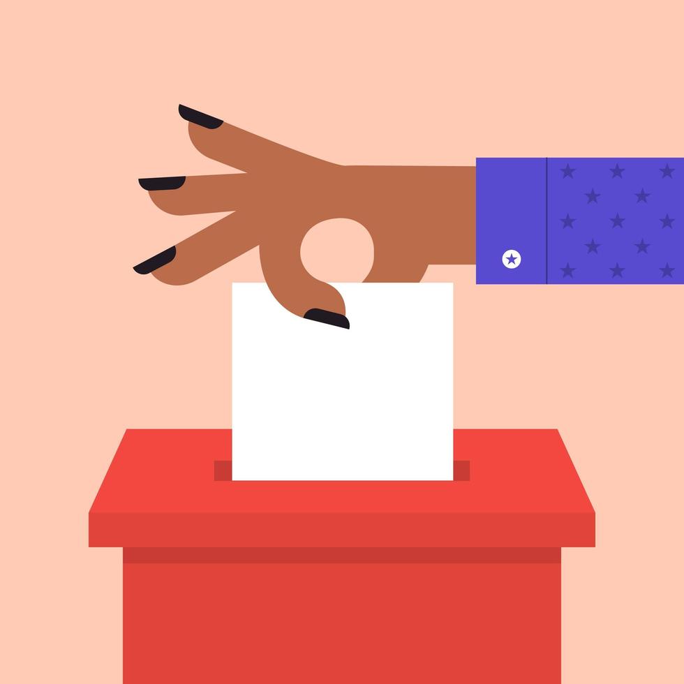 mano de dibujos animados poniendo papel de votación en urna vector