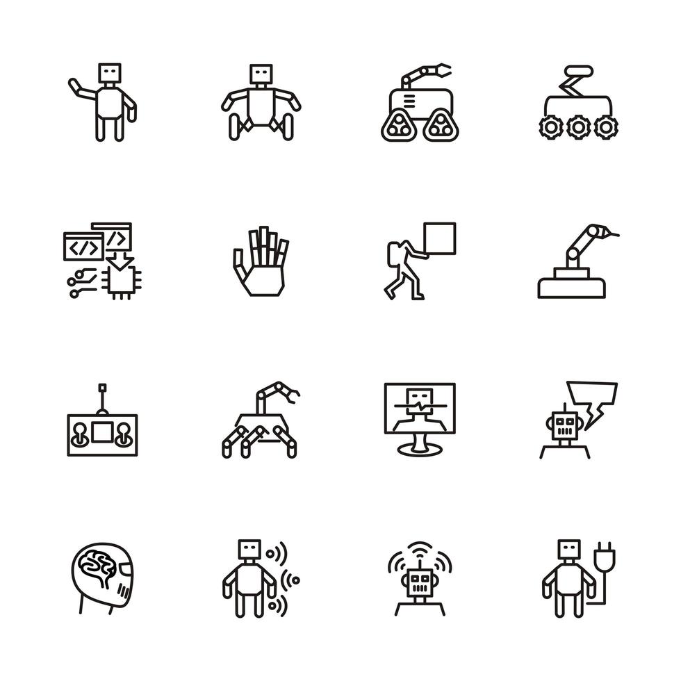 robot, inteligencia artificial, conjunto de iconos de línea de automatización. vector