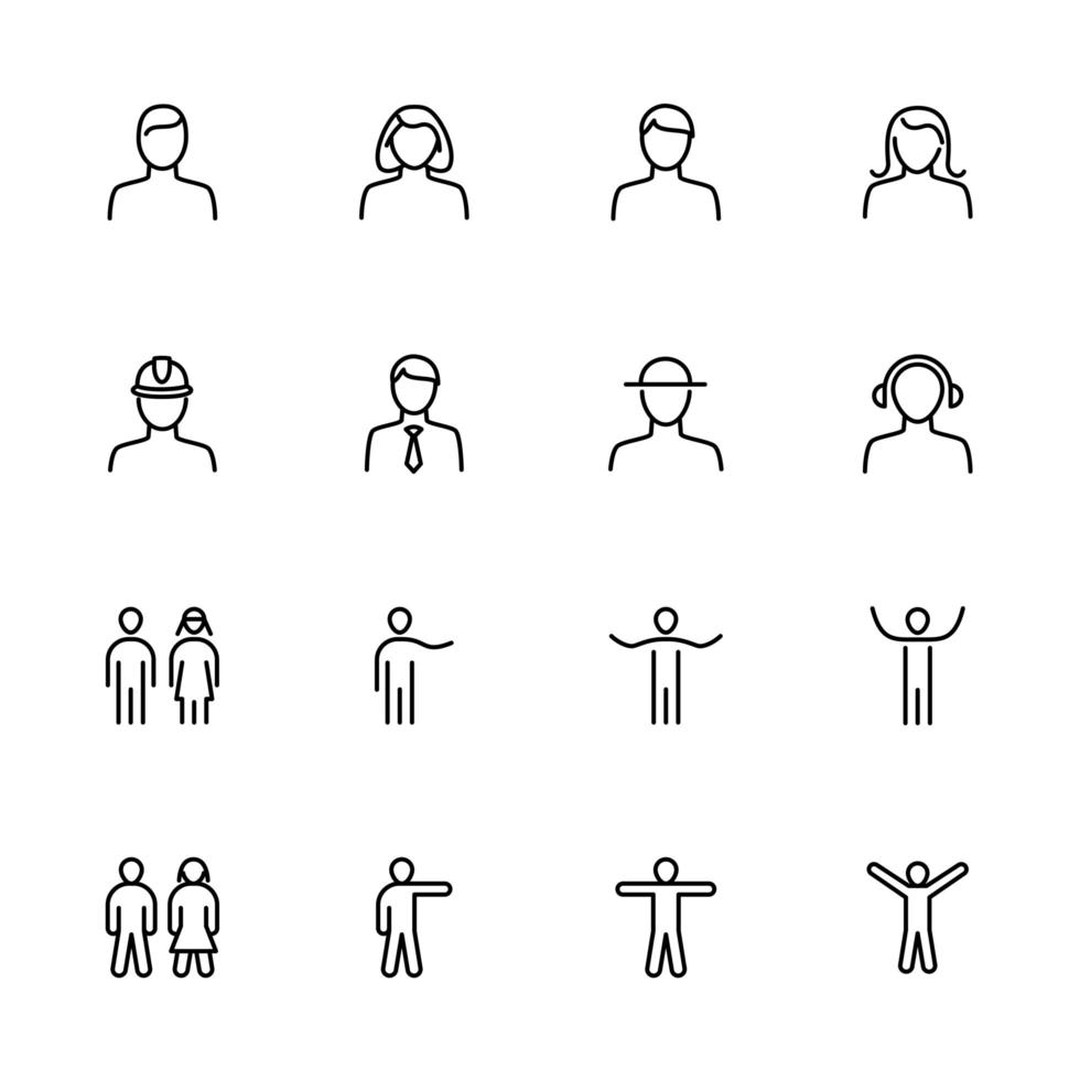 personas, humanos, stick man, avatar line icon set. vector