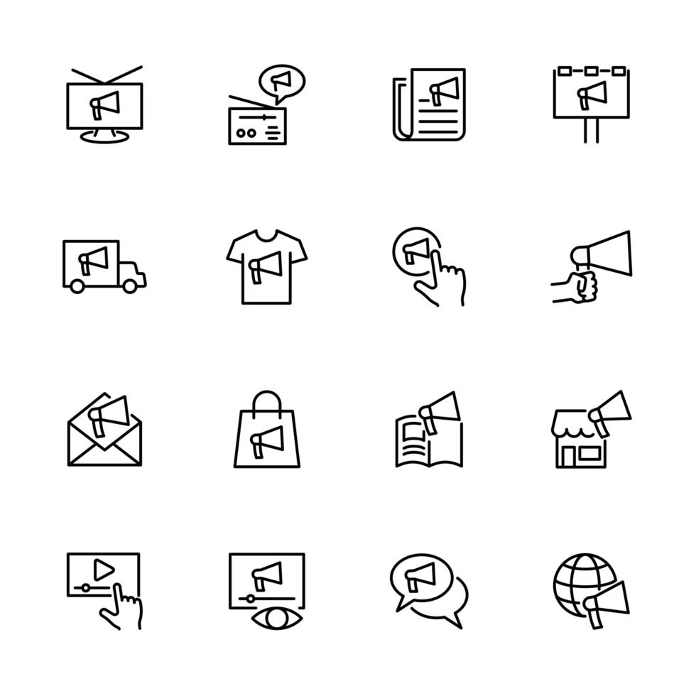 Advertisement and promotion strategy line icon set. vector